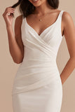 White Mermaid V-Neck Satin Ruched Midi Wedding Dress
