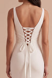 White Mermaid V-Neck Satin Ruched Midi Wedding Dress