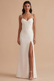 White Sheath Corset Satin Spaghetti Straps Long Wedding Dress with Slit