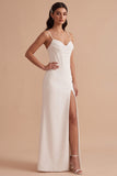 White Sheath Corset Satin Spaghetti Straps Long Wedding Dress with Slit