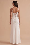 White Sheath Corset Satin Spaghetti Straps Long Wedding Dress with Slit