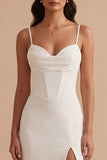 White Sheath Corset Satin Spaghetti Straps Long Wedding Dress with Slit