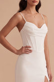 White Sheath Corset Satin Spaghetti Straps Long Wedding Dress with Slit