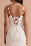 White Sheath Corset Satin Spaghetti Straps Long Wedding Dress with Slit