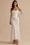 White Mermaid Corset Satin High Low Strapless Long Wedding Dress with Lace