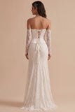 White Mermaid Corset Satin High Low Strapless Long Wedding Dress with Lace