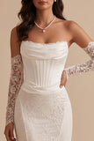 White Mermaid Corset Satin High Low Strapless Long Wedding Dress with Lace