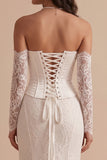 White Mermaid Corset Satin High Low Strapless Long Wedding Dress with Lace