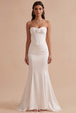 White Mermaid Corset Satin Strapless Long Wedding Dress with 3D Flower