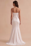 White Mermaid Corset Satin Strapless Long Wedding Dress with 3D Flower
