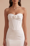 White Mermaid Corset Satin Strapless Long Wedding Dress with 3D Flower