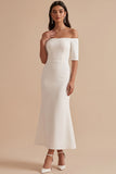 Off the Shoulder White Mermaid Half Sleeves Satin Midi Wedding Dress