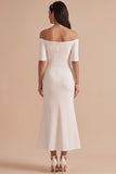 Off the Shoulder White Mermaid Half Sleeves Satin Midi Wedding Dress