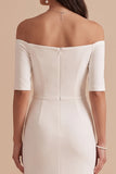 Off the Shoulder White Mermaid Half Sleeves Satin Midi Wedding Dress