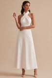 White Halter A-Line Satin Midi Wedding Dress