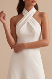 White Halter A-Line Satin Midi Wedding Dress