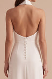 White Halter A-Line Satin Midi Wedding Dress