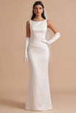 White Bateau Neck Mermaid Satin Long Wedding Dress