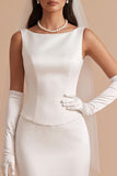 White Bateau Neck Mermaid Satin Long Wedding Dress