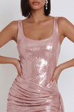 Pink Corset Bodycon Scoop Neck Metallic Ruched Short Cocktail Dress with Draping
