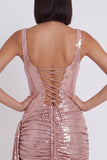 Pink Corset Bodycon Scoop Neck Metallic Ruched Short Cocktail Dress with Draping