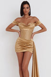 Off the Shoulder Gold Corset Ruched Satin Beaded Short Cocktail Dress with Draping