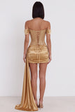 Off the Shoulder Gold Corset Ruched Satin Beaded Short Cocktail Dress with Draping