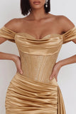 Off the Shoulder Gold Corset Ruched Satin Beaded Short Cocktail Dress with Draping
