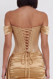 Off the Shoulder Gold Corset Ruched Satin Beaded Short Cocktail Dress with Draping