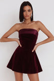 Burgundy A-Line Velvet Strapless Short Cocktail Dress