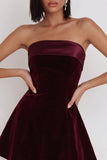 Burgundy A-Line Velvet Strapless Short Cocktail Dress
