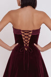 Burgundy A-Line Velvet Strapless Short Cocktail Dress