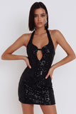 Black Bodycon Sequins Halter Short Cocktail Dress with Keyhole