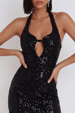 Black Bodycon Sequins Halter Short Cocktail Dress with Keyhole