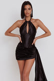 Black Corset Halter Keyhole Ruched Satin Short Cocktail Dress with Draping