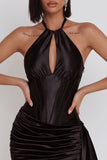 Black Corset Halter Keyhole Ruched Satin Short Cocktail Dress with Draping