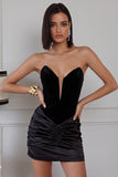 Black Bodycon Velvet Ruched Strapless Short Cocktail Dress