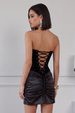 Black Bodycon Velvet Ruched Strapless Short Cocktail Dress