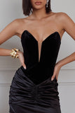 Black Bodycon Velvet Ruched Strapless Short Cocktail Dress