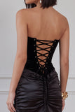 Black Bodycon Velvet Ruched Strapless Short Cocktail Dress