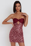 Burgundy Sequins Cut Out Bodycon Strapless Short Cocktail Dress