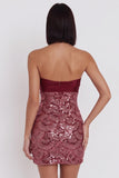 Burgundy Sequins Cut Out Bodycon Strapless Short Cocktail Dress