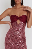 Burgundy Sequins Cut Out Bodycon Strapless Short Cocktail Dress