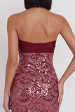 Burgundy Sequins Cut Out Bodycon Strapless Short Cocktail Dress