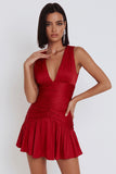 Red V-Neck Bodycon A-Line Ruched Short Cocktail Dress