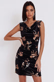Black Velvet Bodycon Cowl Neck Printed Ruched Short Cocktail Dress