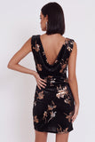 Black Velvet Bodycon Cowl Neck Printed Ruched Short Cocktail Dress