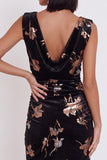 Black Velvet Bodycon Cowl Neck Printed Ruched Short Cocktail Dress