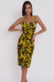 Yellow Green Bodycon Square Neck Printed Midi Cocktail Dress