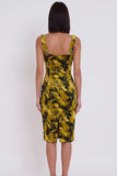 Yellow Green Bodycon Square Neck Printed Midi Cocktail Dress